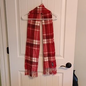 Lands End Classic Red and White Plaid Scarf with Fringe Accents